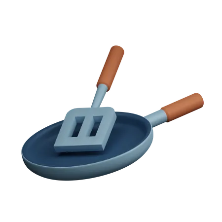 Frying Pan And Spatula  3D Illustration