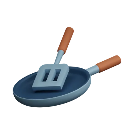 Frying Pan And Spatula 3D Illustration