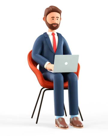 Ilustracao 3 D De Um Homem Feliz Com Laptop E Sentado Em Uma Cadeira Empresario Barbudo Sorridente Dos Desenhos Animados Trabalhando No Escritorio E Usando Redes Sociais Conceito De Local De Trabalho 3D Illustration
