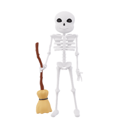 Funny skeletons holding broom stick  3D Icon