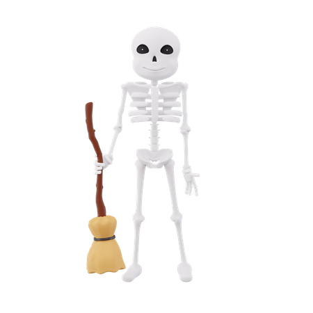 Funny skeletons holding broom stick  3D Illustration