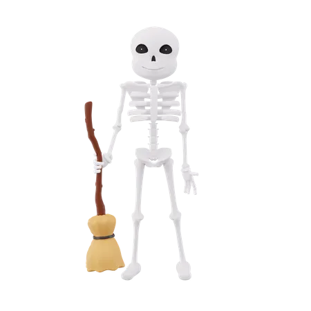 Funny skeletons holding broom stick  3D Illustration