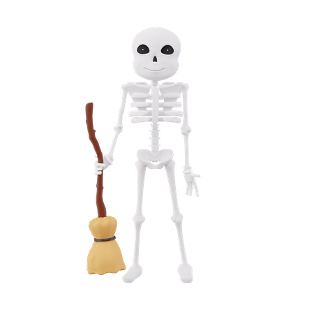 Funny skeletons holding broom stick 3D Illustration