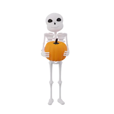 Funny skeletons holding pumpkin  3D Illustration