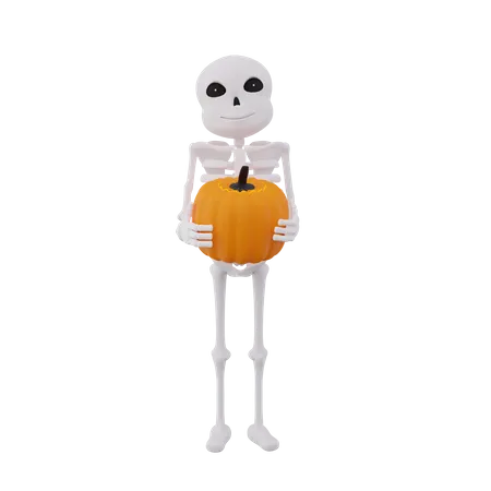 Funny skeletons holding pumpkin 3D Illustration