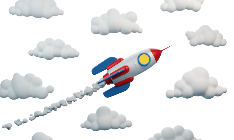 Une fusée avec Jet Smoke vole parmi les nuages  3D Illustration