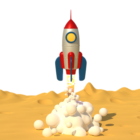 Une fusée décolle avec de la fumée provenant de la surface de la Lune  3D Illustration