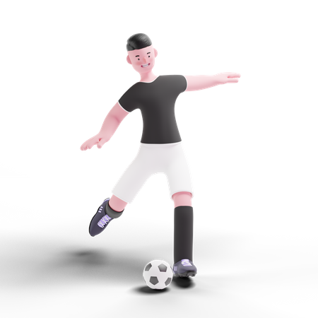 Football-Spieler kickt Ball ins Tor  3D Illustration