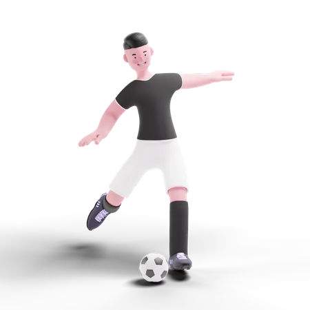 Football-Spieler kickt Ball ins Tor  3D Illustration