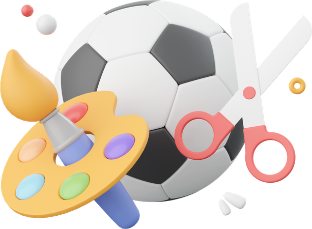 Fútbol con pincel y paleta de colores con tijeras  3D Icon