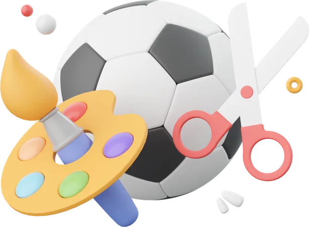 Futebol com pincel e paleta de cores com tesoura  3D Icon