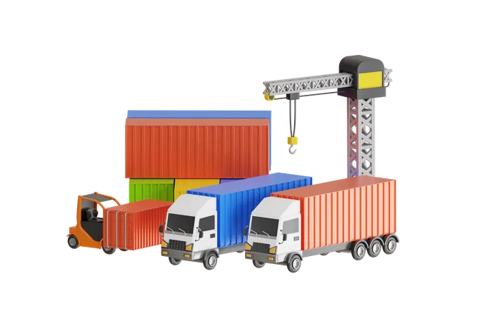 Gabelstapler beim Beladen von Containerkisten an den Docks mit LKW  3D Illustration