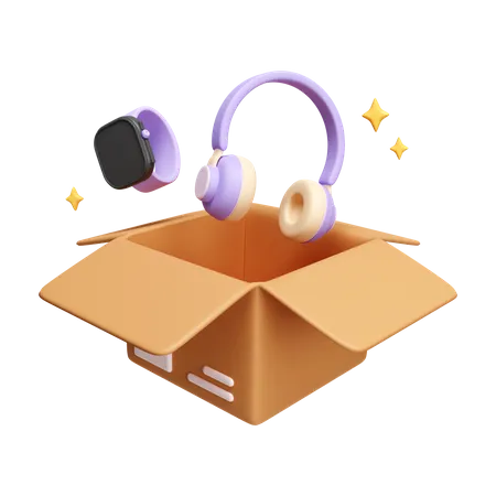 3 D Opened Parcel Box With Head Phone And Watch Online Shopping Concept Icon Isolated On White Background 3 D Rendering Illustration Clipping Path 3D Icon