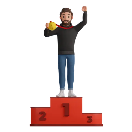Homme gagnant debout sur le podium  3D Illustration