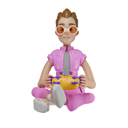 Fille de joueur assise avec un joystick  3D Illustration