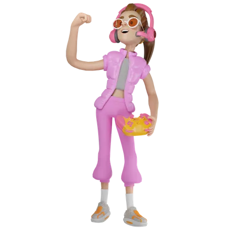 Gamer Girl Celebrating With Outstretched Fist 3D Illustration
