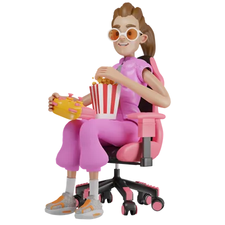 Gamer Girl Sitting While Eating And Playing 3D Illustration