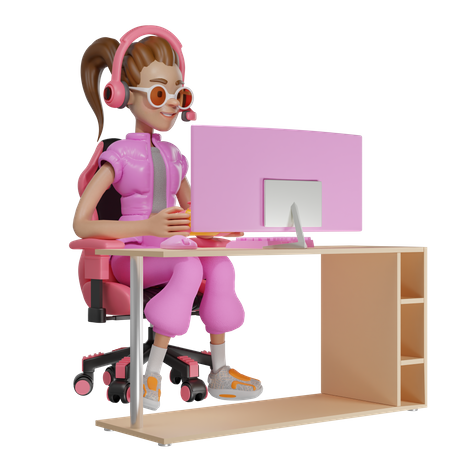 Gamer girl playing  3D Illustration