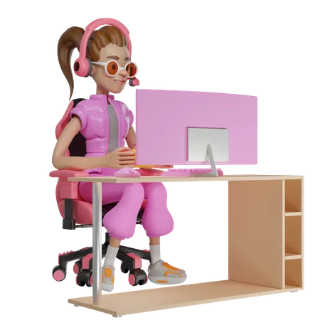 Gamer Girl Enjoying On Her Computer 3D Illustration