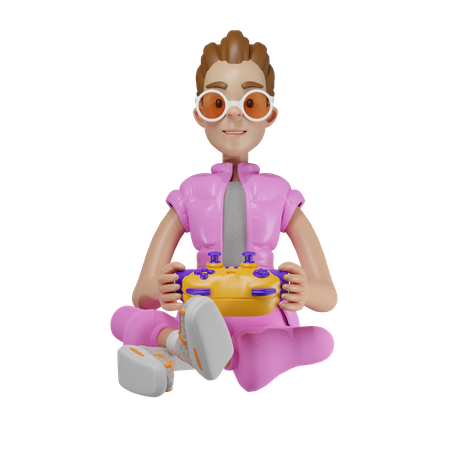 Gamer girl sitting with joystick  3D Icon