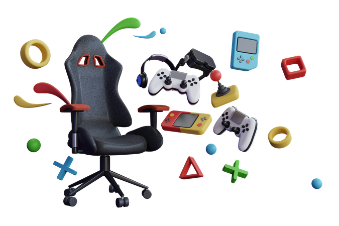 Gaming-Stuhl-Konsole zum Aufhängen mit Gaming-Ausrüstung  3D Illustration