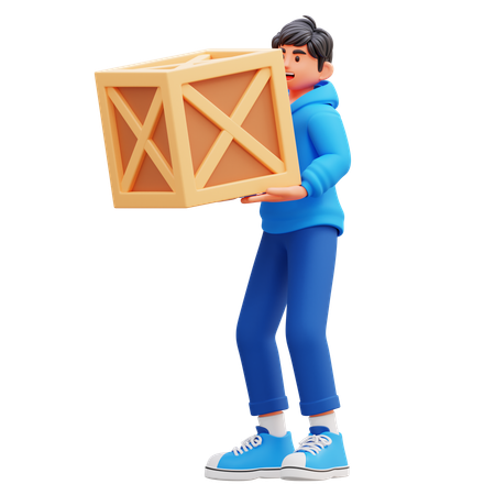Garçon à capuche portant une boîte en bois  3D Icon