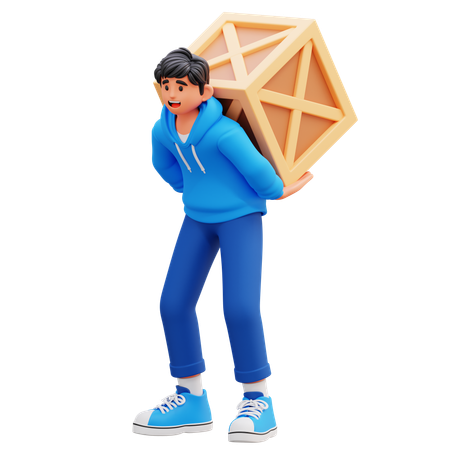 Garçon à capuche portant une caisse en bois sur le dos  3D Icon