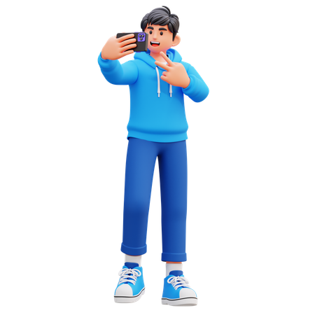 Garçon à capuche prenant un selfie avec son téléphone portable  3D Icon