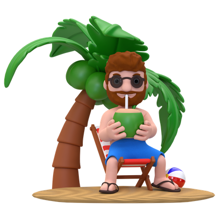 Garçon appréciant l’eau de coco sur la plage  3D Illustration