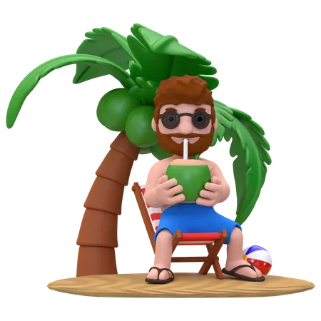 Garçon appréciant l’eau de coco sur la plage  3D Illustration