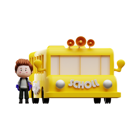 Garçon avec autobus scolaire  3D Illustration