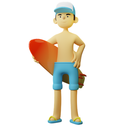 Garçon avec planche de surf  3D Illustration