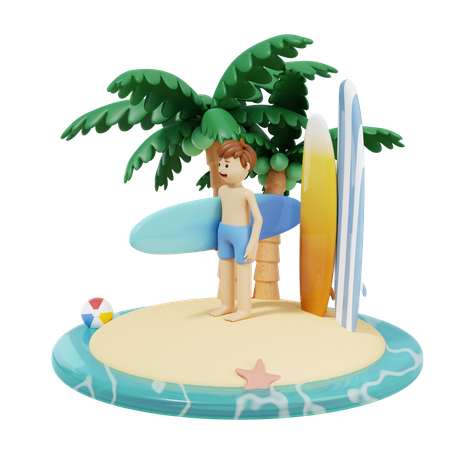 Garçon avec planche de surf sur la plage  3D Illustration
