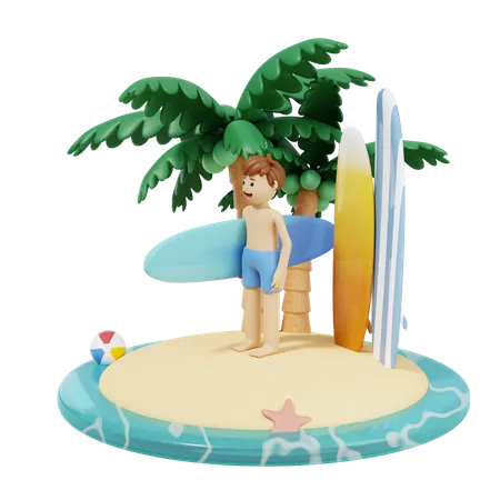 Garçon avec planche de surf sur la plage  3D Illustration