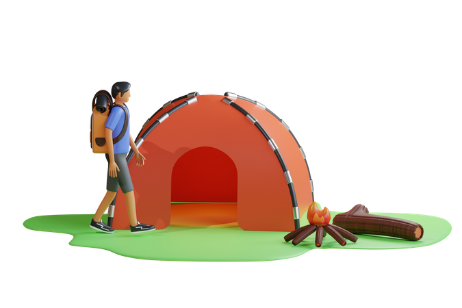 Garçon campant près du camping  3D Illustration