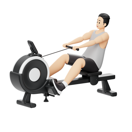 Garçon de gym faisant de l'exercice sur un rameur  3D Illustration