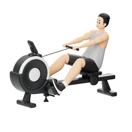 Garçon de gym faisant de l'exercice sur un rameur  3D Illustration