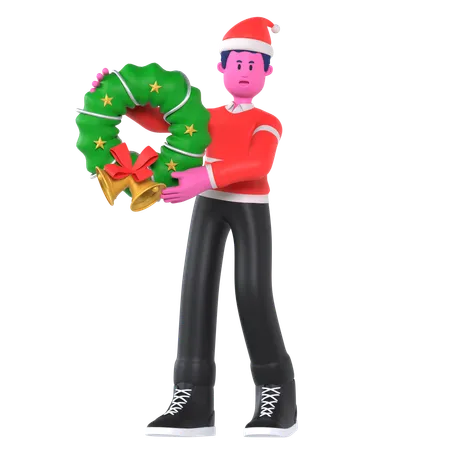 Un garçon de Noël apporte une couronne  3D Illustration