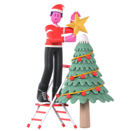 Garçon de Noël décorant le sapin de Noël  3D Illustration
