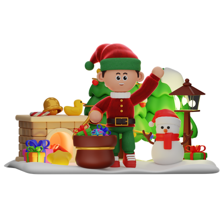 Garçon dire bonjour avec un sac de cadeaux  3D Illustration