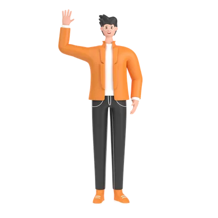 Garçon disant bonjour en agitant la main  3D Illustration