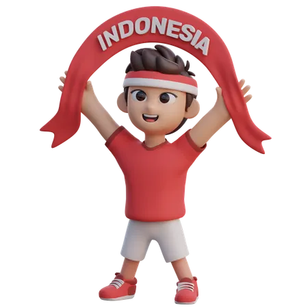 Un garçon a levé le drapeau d’un partisan de l’Indonésie  3D Illustration