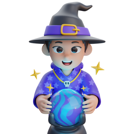 Garçon en costume de magicien avec boule magique  3D Illustration