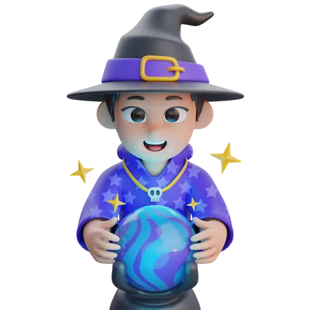 Garçon en costume de magicien avec boule magique  3D Illustration