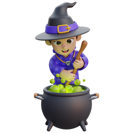 Garçon en costume de sorcier avec chaudron empoisonné  3D Illustration