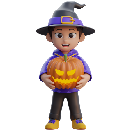 Garçon en costume de sorcier avec tête de citrouille  3D Illustration