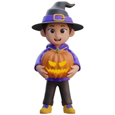 Garçon en costume de sorcier avec tête de citrouille  3D Illustration