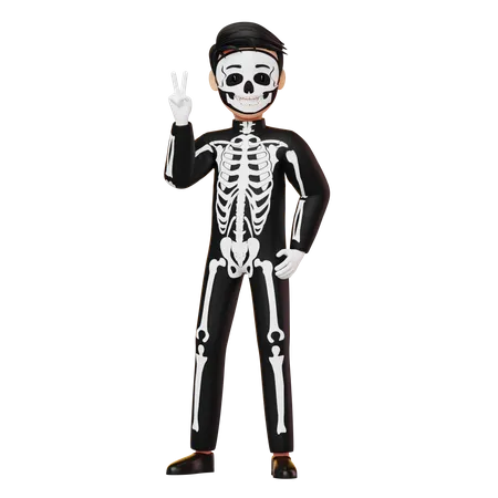 Garçon en costume de squelette montrant la paix  3D Illustration