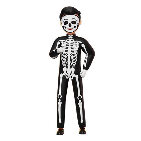 Garçon en costume de squelette montrant quelque chose  3D Illustration