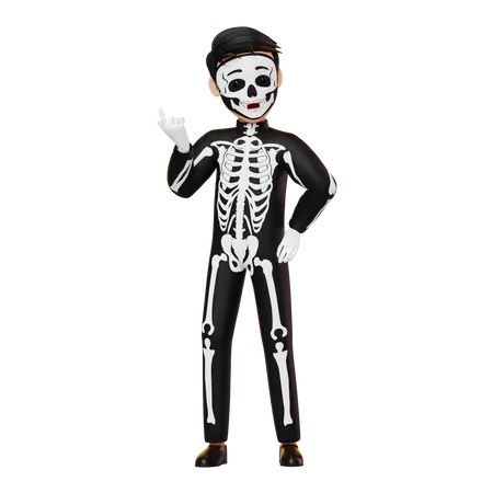 Garçon en costume de squelette montrant quelque chose  3D Illustration
